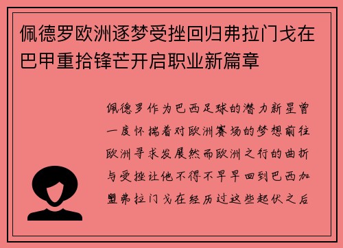 佩德罗欧洲逐梦受挫回归弗拉门戈在巴甲重拾锋芒开启职业新篇章