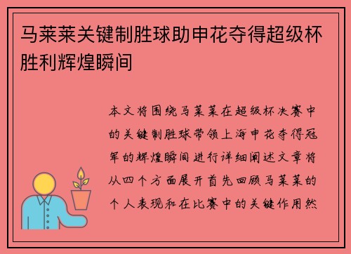 马莱莱关键制胜球助申花夺得超级杯胜利辉煌瞬间